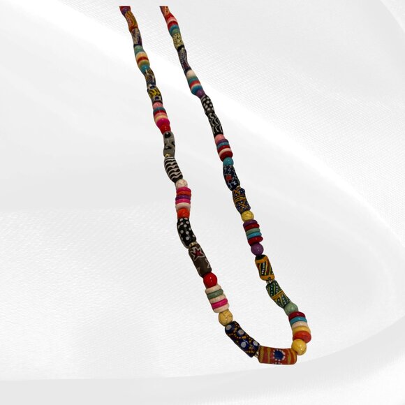 Rainbow African Trade Bead Necklace Handmade Boho Statement Colorful - Picture 9 of 11